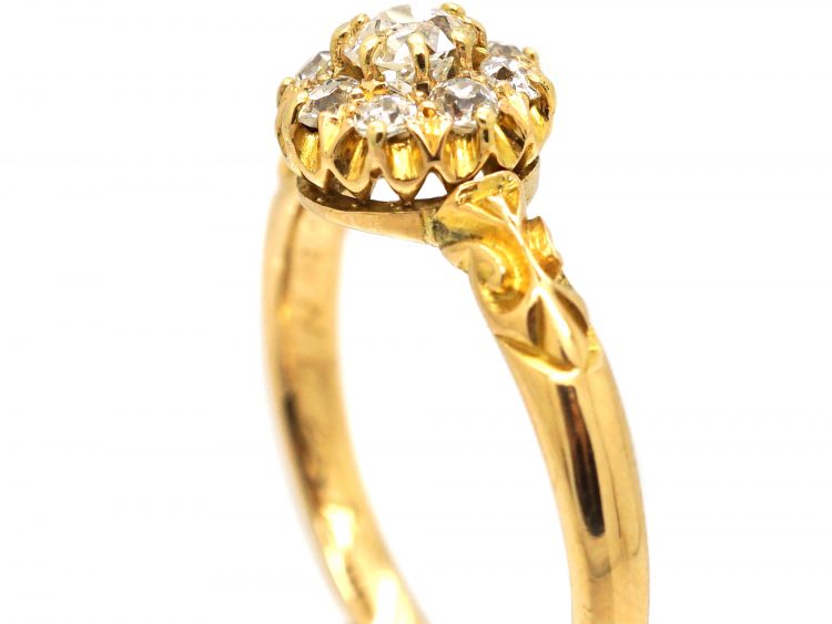 Edwardian 18ct Gold, Old Mine Cut Diamond Cluster Ring with Ornate Shoulders