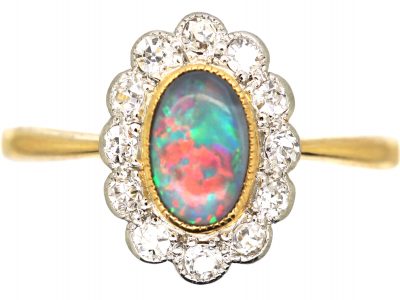 Edwardian 18ct Gold & Platinum, Black Opal & Diamond Cluster Ring by Charles Green & Sons