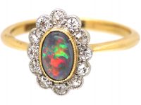 Edwardian 18ct Gold & Platinum, Black Opal & Diamond Cluster Ring by Charles Green & Sons