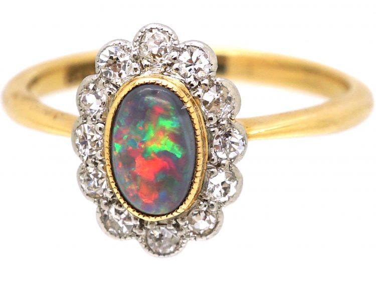 Edwardian 18ct Gold & Platinum, Black Opal & Diamond Cluster Ring by Charles Green & Sons