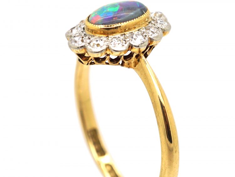 Edwardian 18ct Gold & Platinum, Black Opal & Diamond Cluster Ring by Charles Green & Sons