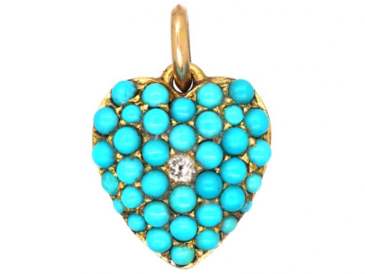 Victorian 15ct Gold Heart Shaped Pendant Pave set with Turquoise & a Diamond