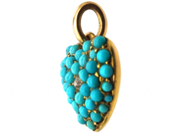 Victorian 15ct Gold Heart Shaped Pendant Pave set with Turquoise & a Diamond