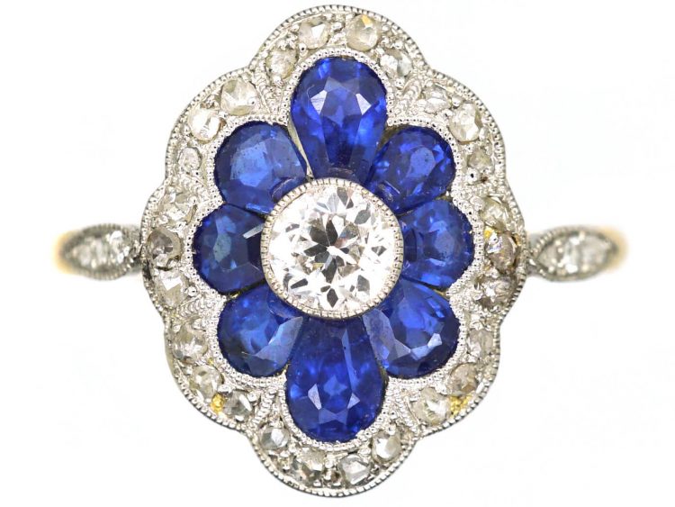 Early 20th Century 18ct Gold & Platinum, Sapphire & Diamond Oval Cluster Ring