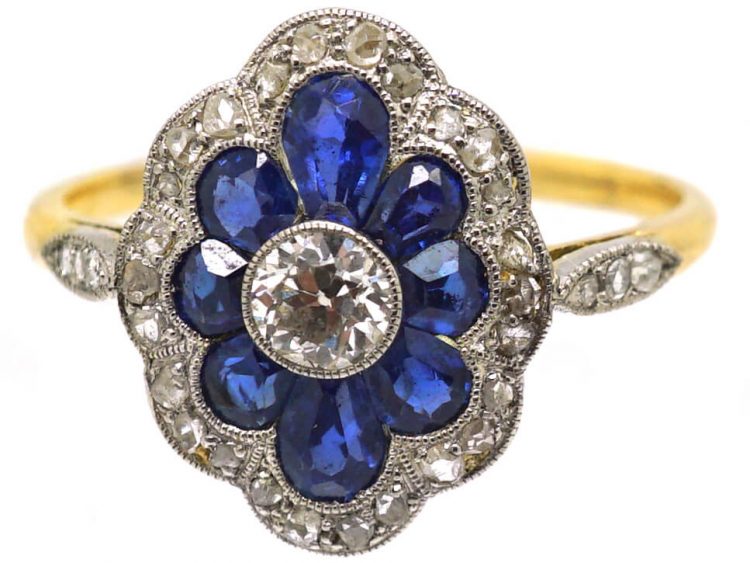 Early 20th Century 18ct Gold & Platinum, Sapphire & Diamond Oval Cluster Ring