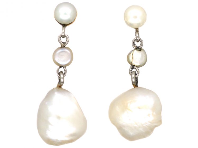 Edwardian 15ct Gold & Platinum Baroque Pearl Drop Earrings