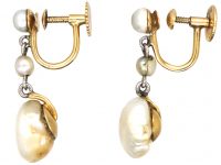 Edwardian 15ct Gold & Platinum Baroque Pearl Drop Earrings