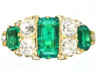 Victorian 18ct Gold Ring set with Three Emeralds & Old Mine Cut Diamonds Inbetween