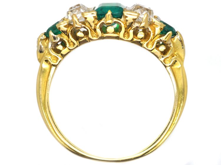 Victorian 18ct Gold Ring set with Three Emeralds & Old Mine Cut Diamonds Inbetween