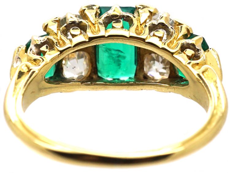 Victorian 18ct Gold Ring set with Three Emeralds & Old Mine Cut Diamonds Inbetween