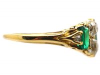 Victorian 18ct Gold Ring set with Three Emeralds & Old Mine Cut Diamonds Inbetween