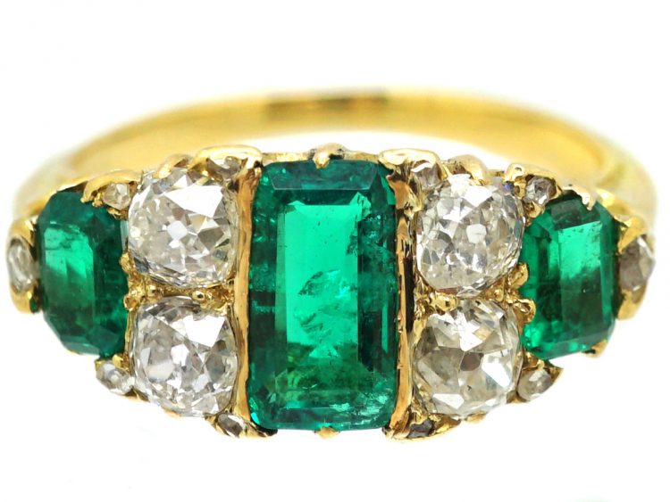 Victorian 18ct Gold Ring set with Three Emeralds & Old Mine Cut Diamonds Inbetween