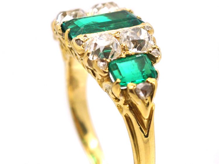 Victorian 18ct Gold Ring set with Three Emeralds & Old Mine Cut Diamonds Inbetween