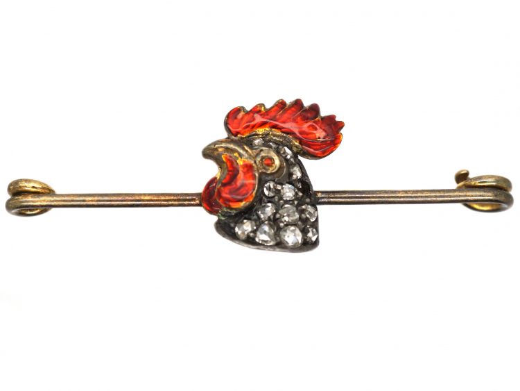 Edwardian 9ct Gold & Red Enamel Cockerel's Head Brooch set with Rose Diamonds