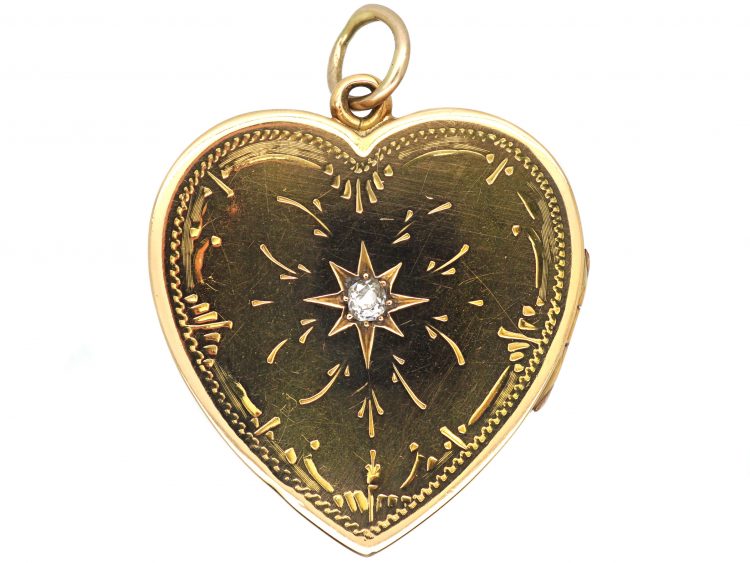 Edwardian Large 18ct Engraved Gold Heart Shaped Locket set with a Diamond