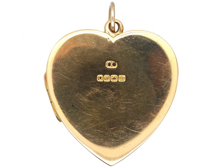 Edwardian Large 18ct Engraved Gold Heart Shaped Locket set with a Diamond