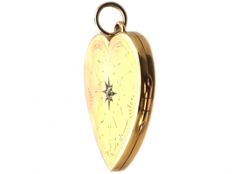 Edwardian Large 18ct Engraved Gold Heart Shaped Locket set with a Diamond