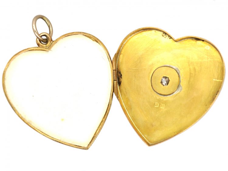 Edwardian Large 18ct Engraved Gold Heart Shaped Locket set with a Diamond