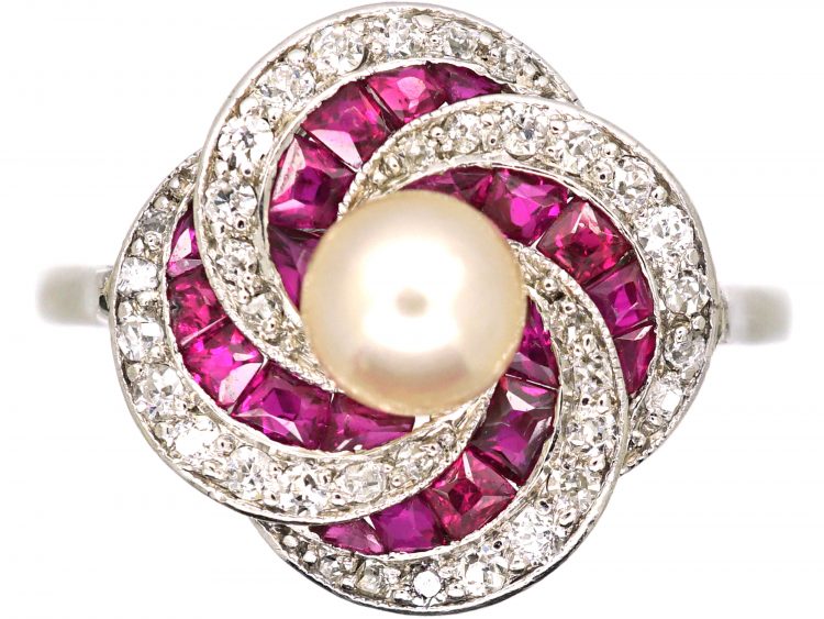 Early 20th Century Platinum, Ruby, Diamond & Natural Pearl Catherine Wheel Ring