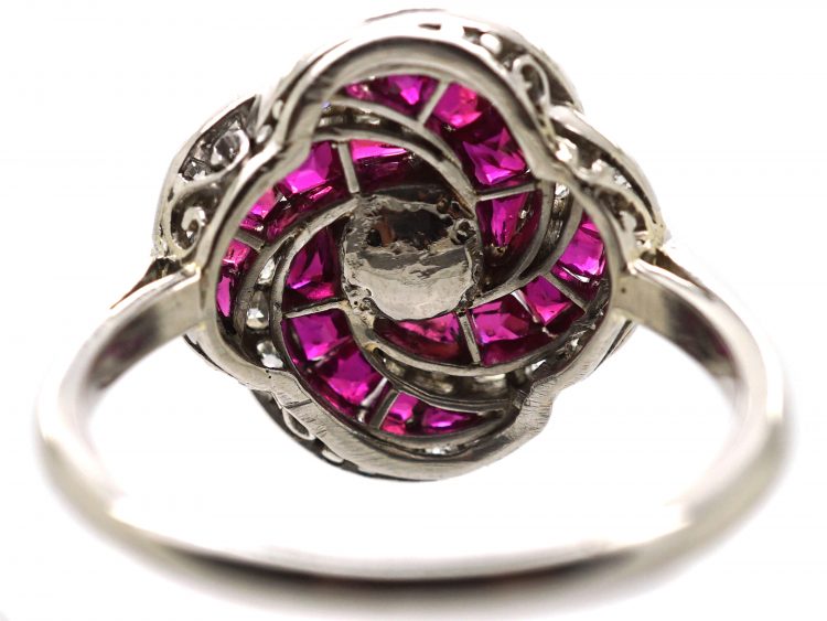 Early 20th Century Platinum, Ruby, Diamond & Natural Pearl Catherine Wheel Ring