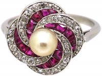 Early 20th Century Platinum, Ruby, Diamond & Natural Pearl Catherine Wheel Ring