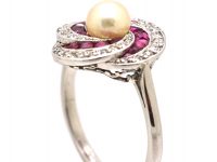 Early 20th Century Platinum, Ruby, Diamond & Natural Pearl Catherine Wheel Ring