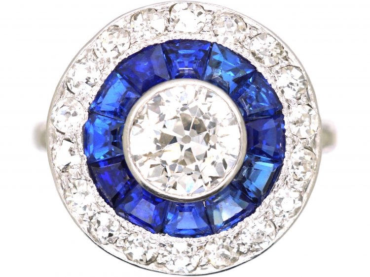 Art Deco 18ct White Gold & Platinum Target Ring set with Calibre Sapphires & Diamonds