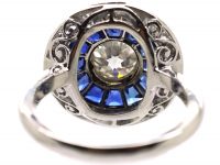 Art Deco 18ct White Gold & Platinum Target Ring set with Calibre Sapphires & Diamonds