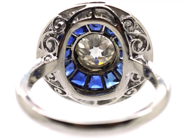 Art Deco 18ct White Gold & Platinum Target Ring set with Calibre Sapphires & Diamonds