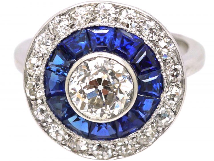 Art Deco 18ct White Gold & Platinum Target Ring set with Calibre Sapphires & Diamonds