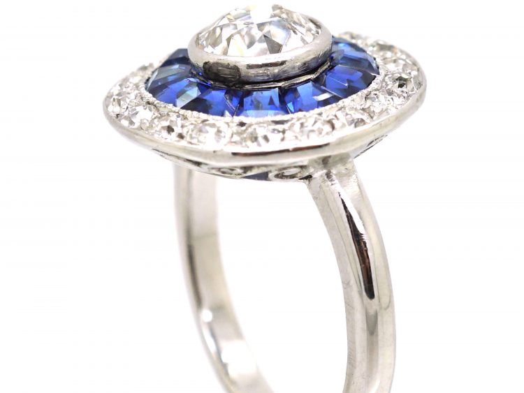 Art Deco 18ct White Gold & Platinum Target Ring set with Calibre Sapphires & Diamonds