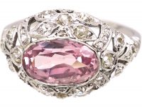 Edwardian Platinum, Pink Topaz & Diamond Bombe Ring