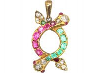 Victorian 18ct Gold Double Snake Pendant set with Rubies, Emeralds & Diamonds