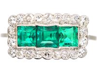 Early 20th Century Platinum, Three Stone Emerald & Diamond Rectangular Ring