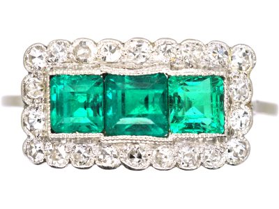 Early 20th Century Platinum, Three Stone Emerald & Diamond Rectangular Ring