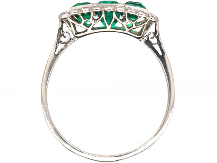 Early 20th Century Platinum, Three Stone Emerald & Diamond Rectangular Ring