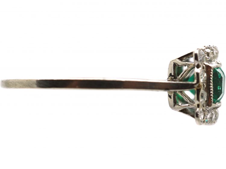 Early 20th Century Platinum, Three Stone Emerald & Diamond Rectangular Ring