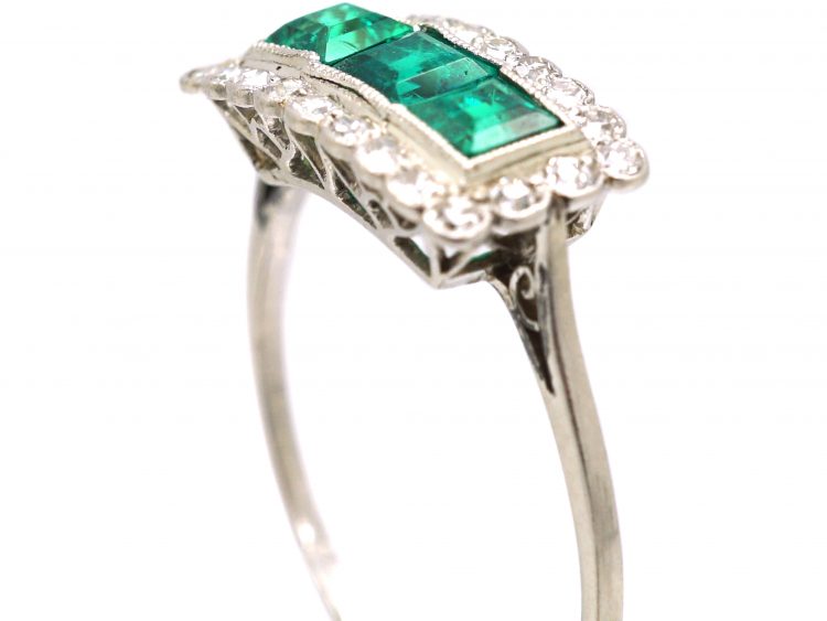 Early 20th Century Platinum, Three Stone Emerald & Diamond Rectangular Ring