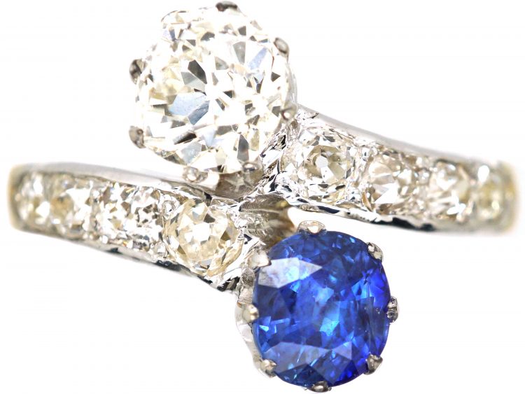 Early 20th Century 18ct Gold & Platinum Crossover Ring set with Diamonds & a Sapphire