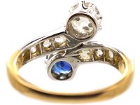 Early 20th Century 18ct Gold & Platinum Crossover Ring set with Diamonds & a Sapphire