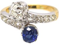 Early 20th Century 18ct Gold & Platinum Crossover Ring set with Diamonds & a Sapphire