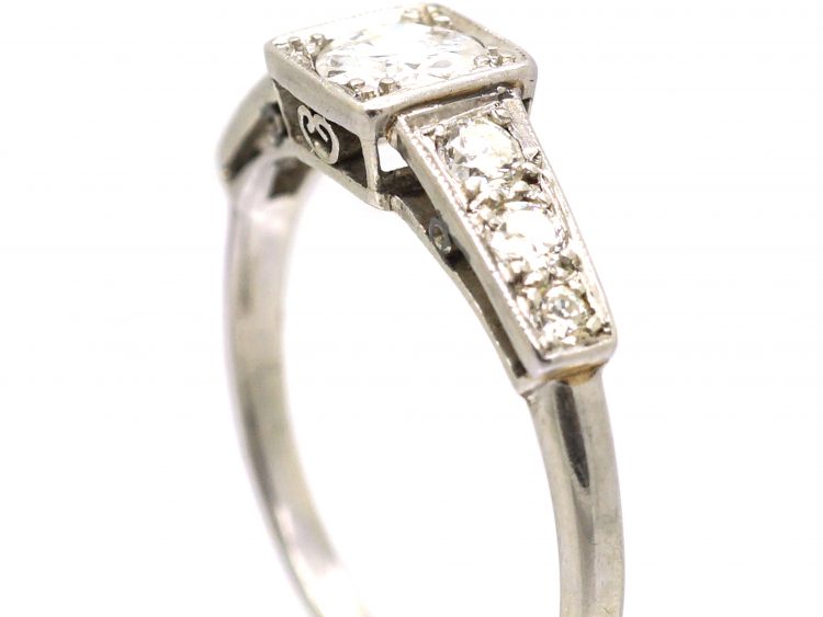 Early 20th Century Platinum Solitaire Diamond Ring with Diamond Set Shoulders