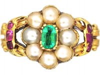 Regency 15ct Gold Cluster Ring set with an Emerald, Rubies & Natural Split Pearls