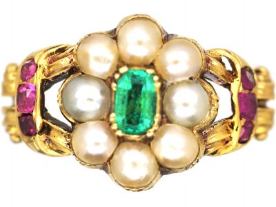 Regency 15ct Gold Cluster Ring set with an Emerald, Rubies & Natural Split Pearls