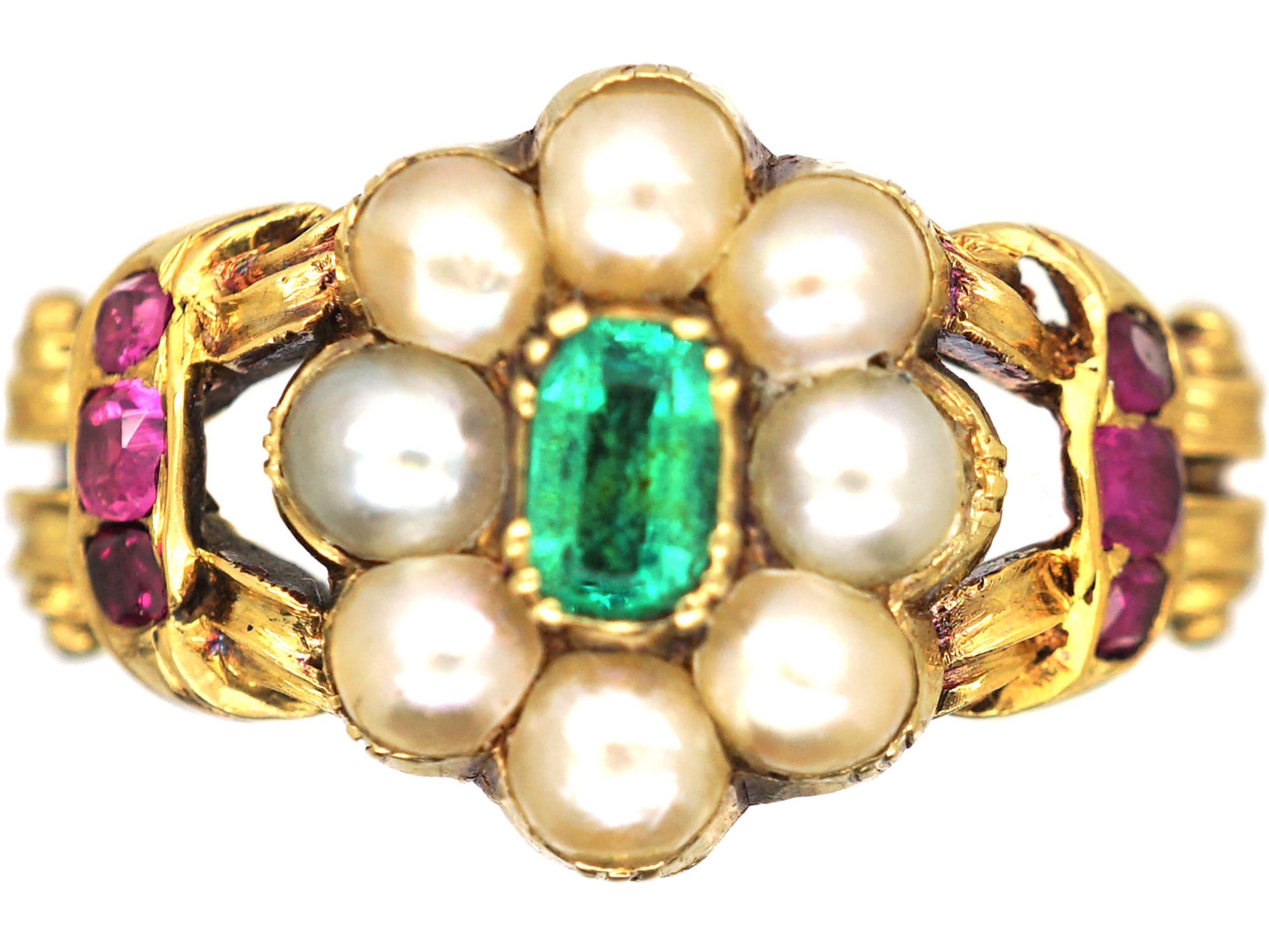 Regency Style Rings Regency 15ct Gold Cluster Ring set with an Emerald, Rubies & Natural ...