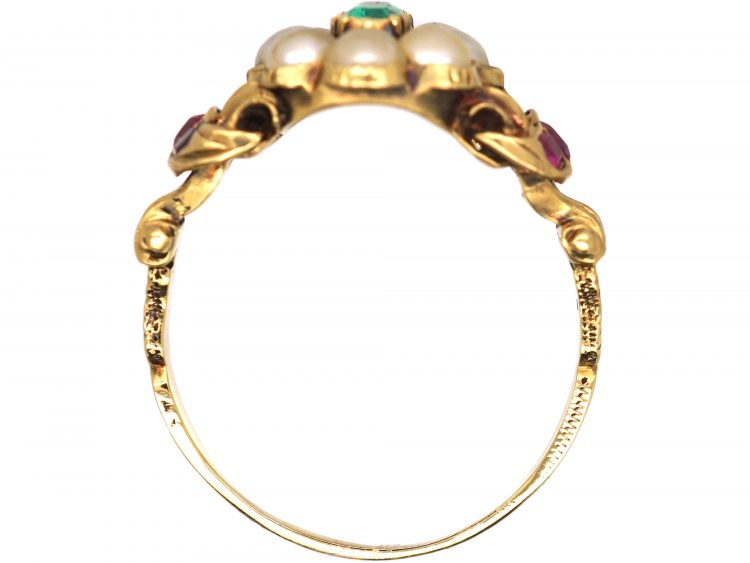 Regency 15ct Gold Cluster Ring set with an Emerald, Rubies & Natural Split Pearls