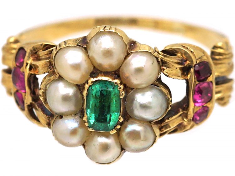 Regency 15ct Gold Cluster Ring set with an Emerald, Rubies & Natural Split Pearls