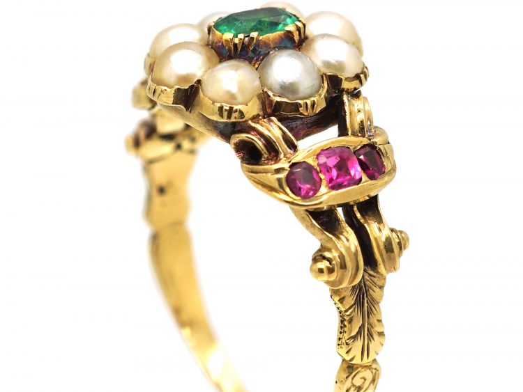 Regency 15ct Gold Cluster Ring set with an Emerald, Rubies & Natural Split Pearls