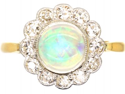 Edwardian 18ct Gold, Opal & Diamond Cluster Ring