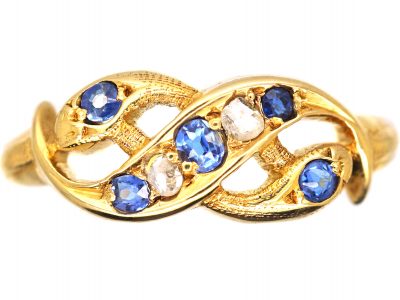 Edwardian 18ct Gold Double Snake & Lover's Knot Ring set with Sapphires & Diamonds